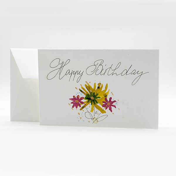 Glückwunschkarte und Happy Birthday handgeschrieben mit Blumenmotiv