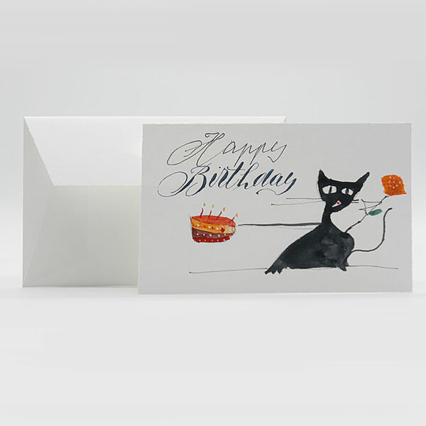 Glückwunschkarte Happy Birthday handgeschrieben mit Katze, Torte und Rose