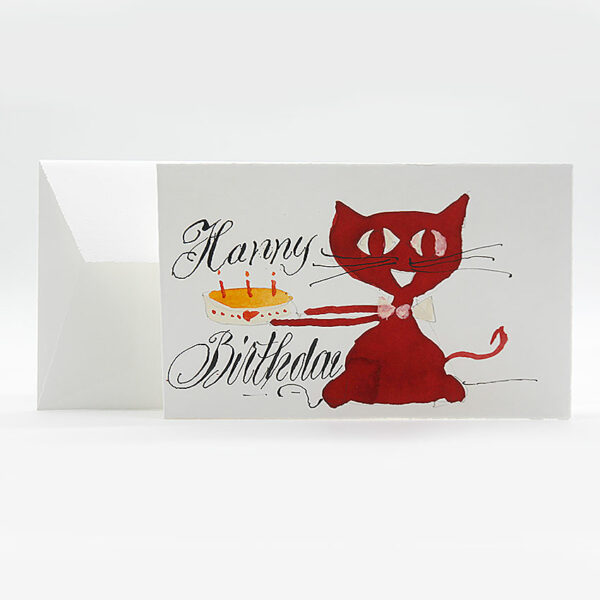 Glückwunschkarte Happy Birthday mit roter Katze und Torte