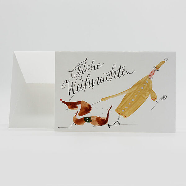 Handgeschriebene und gemalte Weihnachtskarte: Goldener Weihnachtsmann mit Hund